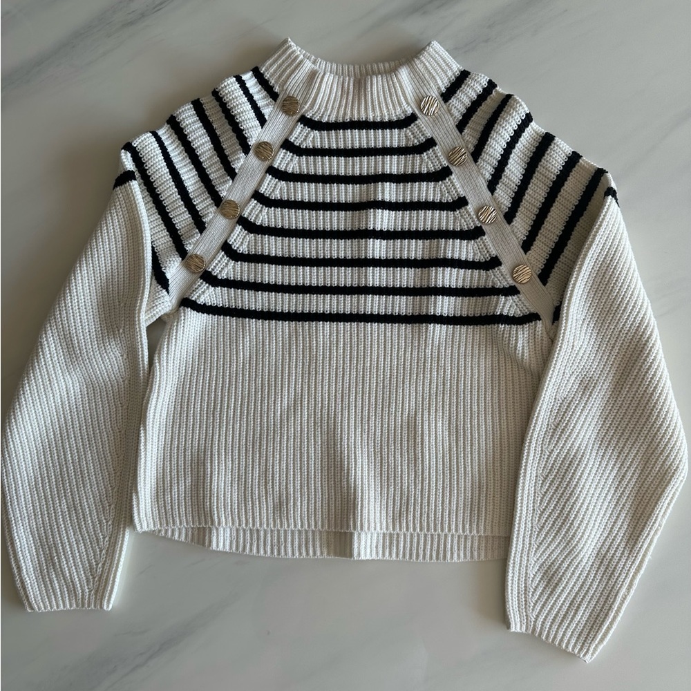 H&M - Striped Knit Sweater - size XS - black and cream with gold button detail